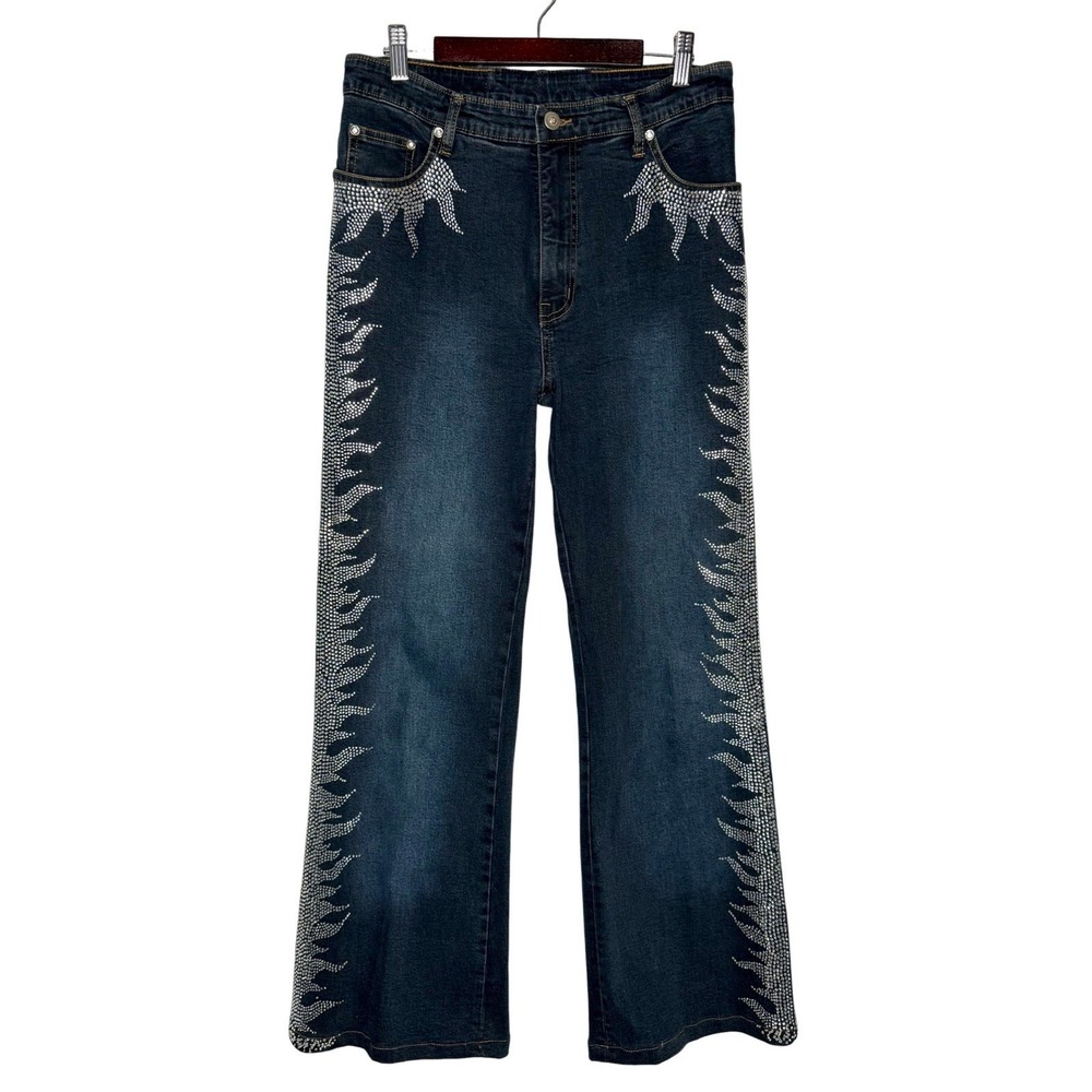 Vintage Sassy Thai Women's Size 12 Boot Cut‎ Crystal Rhinestone Flame Blue Jeans